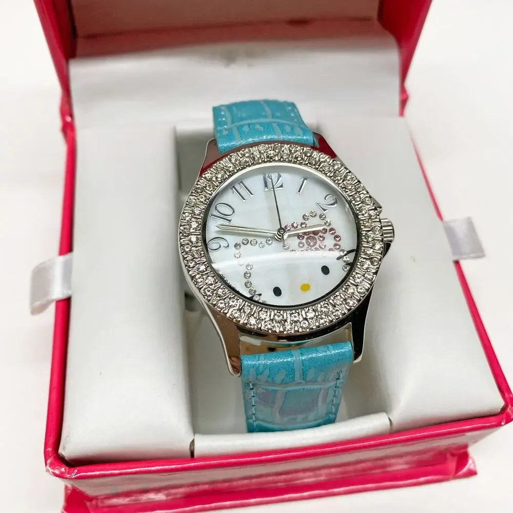 Sanrio Hello Kitty Silver Tone Rhinestone Watch with Blue Strap in Gift Box
